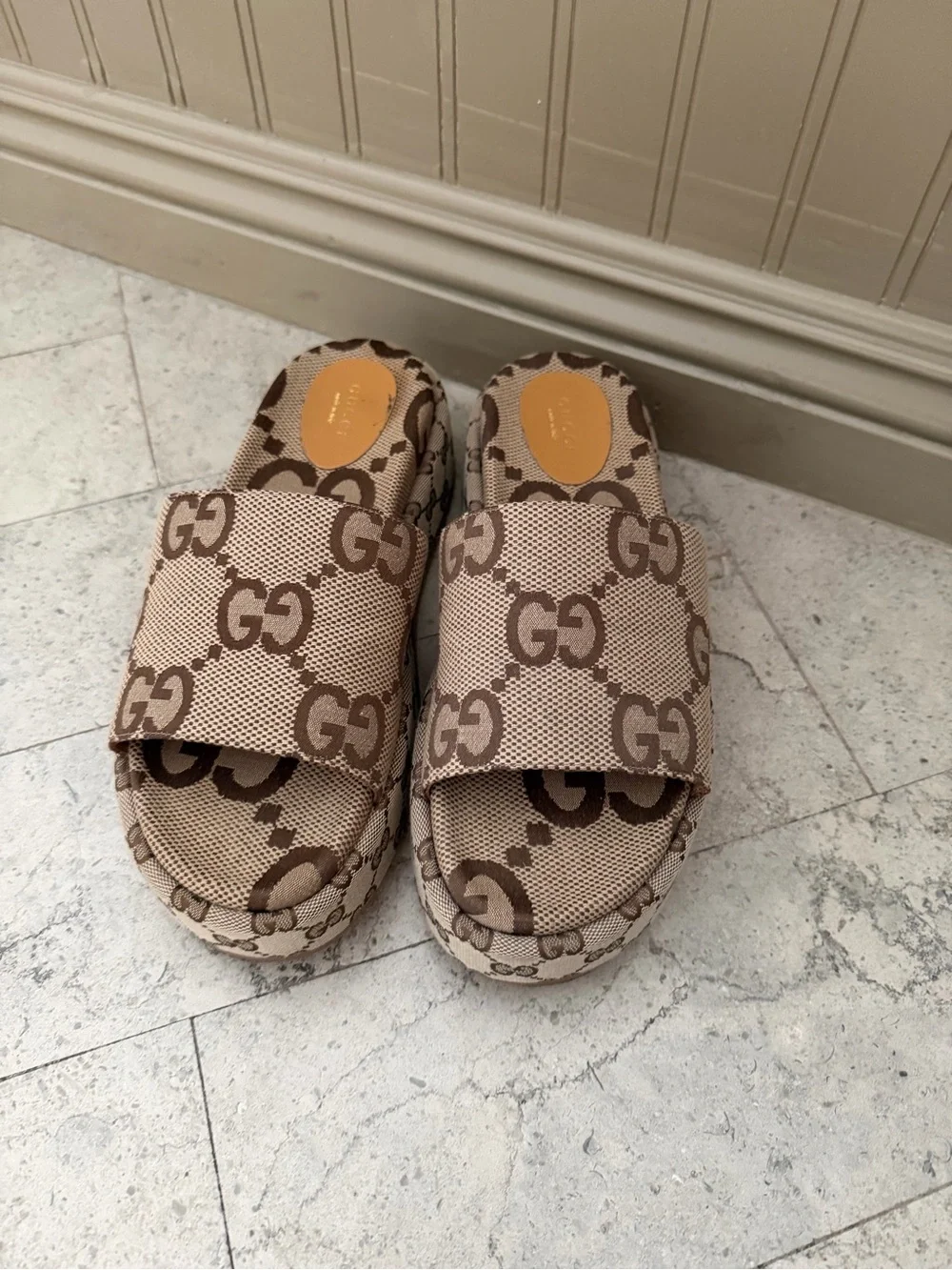 Gucci Brown Beige GG Logo Slide Sandals